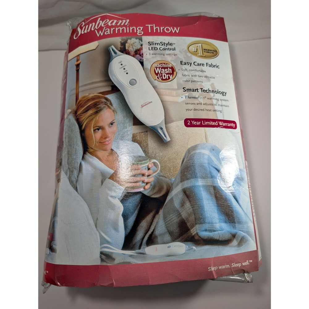 Sunbeam Warming Throw Electric Heated Blanket Plaid Tan Charcoal 50x60 SlimStyle
